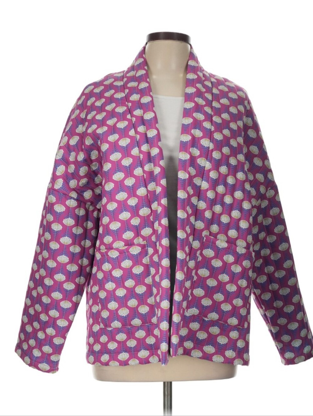 Sunday Up Purple Floral Quilted Kimono-Style Patterned Open-Front Jacket Large